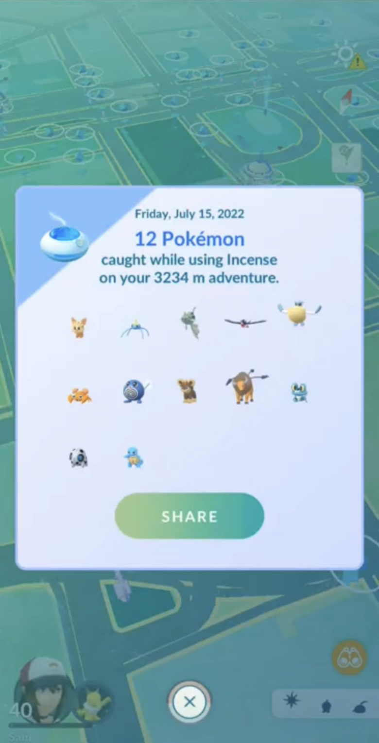 A report of all the Pokémon caught with the incense can be saved or shared via social media.