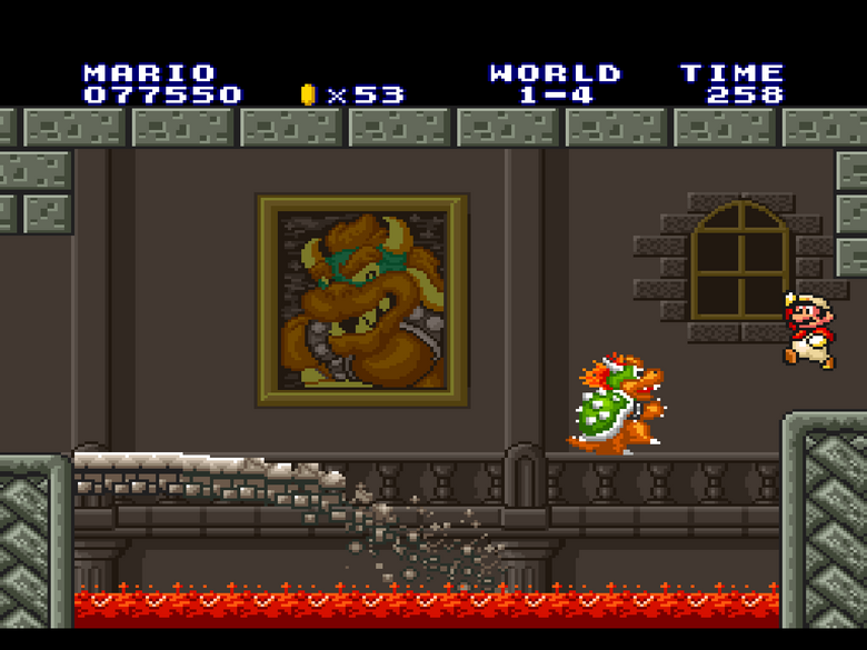 Bowser's castles look a lot more imposing, and of course he's gotta have those framed images of himself up there.