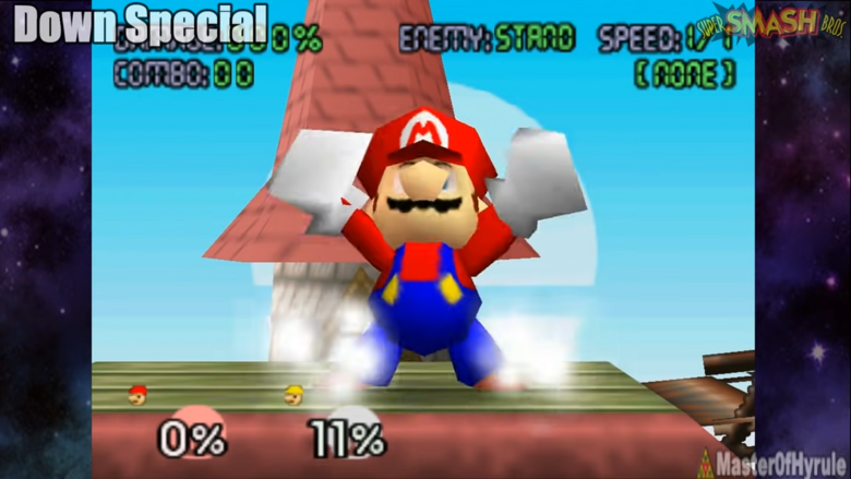 The old down special was a spinning attack (not a kick but close enough) derived from the spin attack from Super Mario World, would be repurposed as Mario's down arial attack come Brawl.