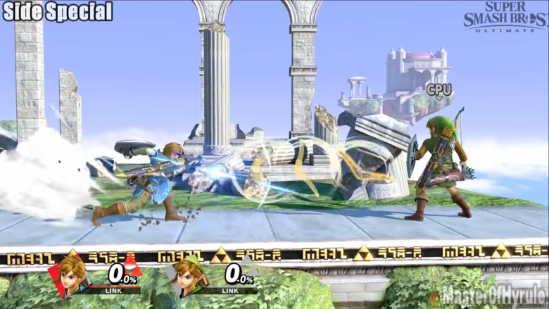 Side Special is the boomerang, a projectile that hits opponents both going out and coming back. It honestly feels pretty boring after losing its ability to draw in items and opponents from Smash 4 and Brawl. I understand that the Gale Boomerang was specific to Twilight Princess Link but it definitely feels like something was lost, especially considering how great his Down Special is now.
