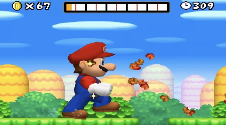 Mega Mario wrecking through blocks