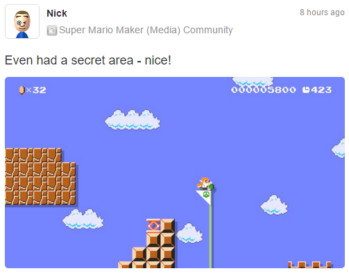 A miiverse post featuring the Inkling Girl costume in Super Mario Maker